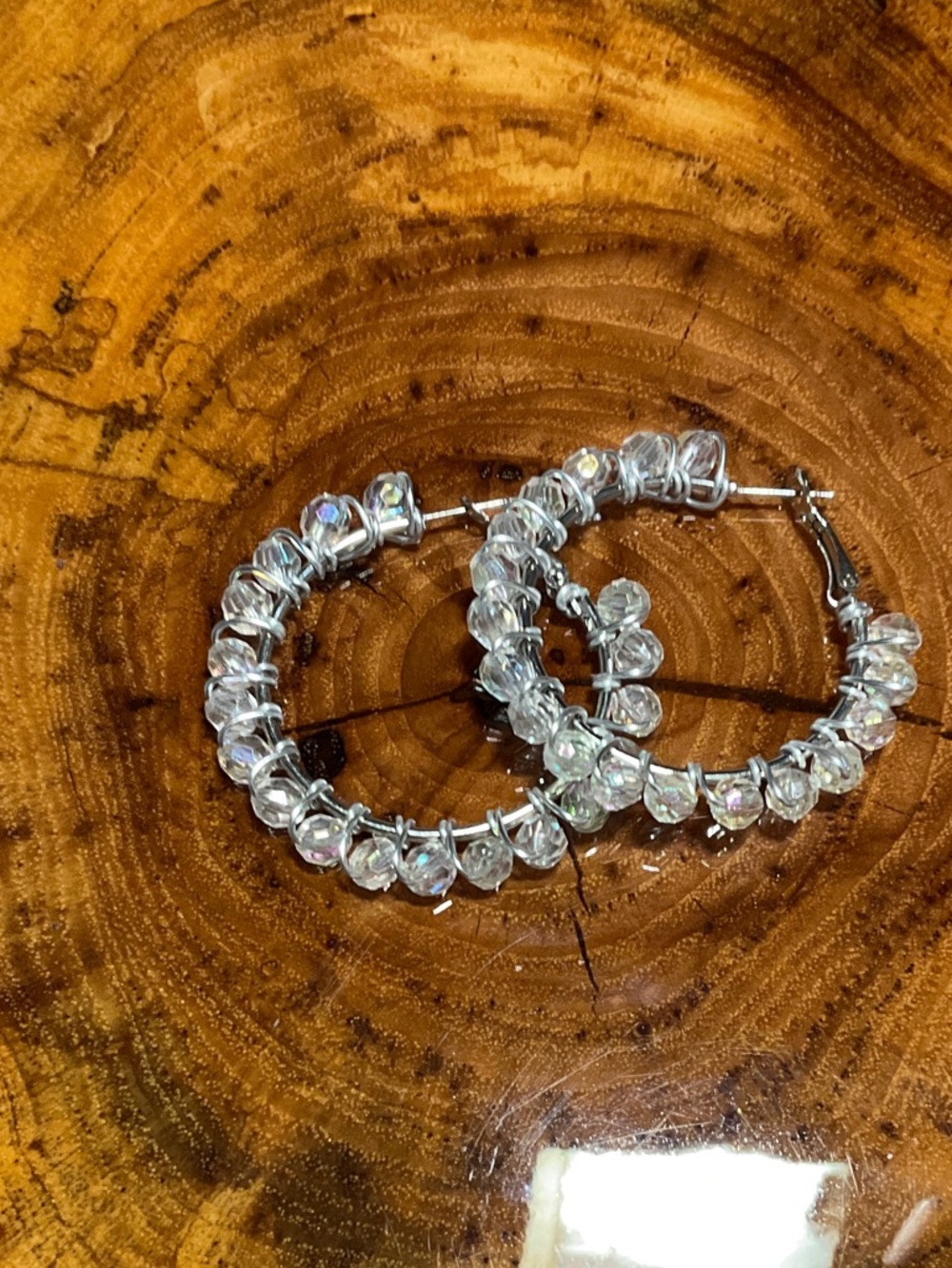 Silver Hoop Earrings with Clear Crystal Beads